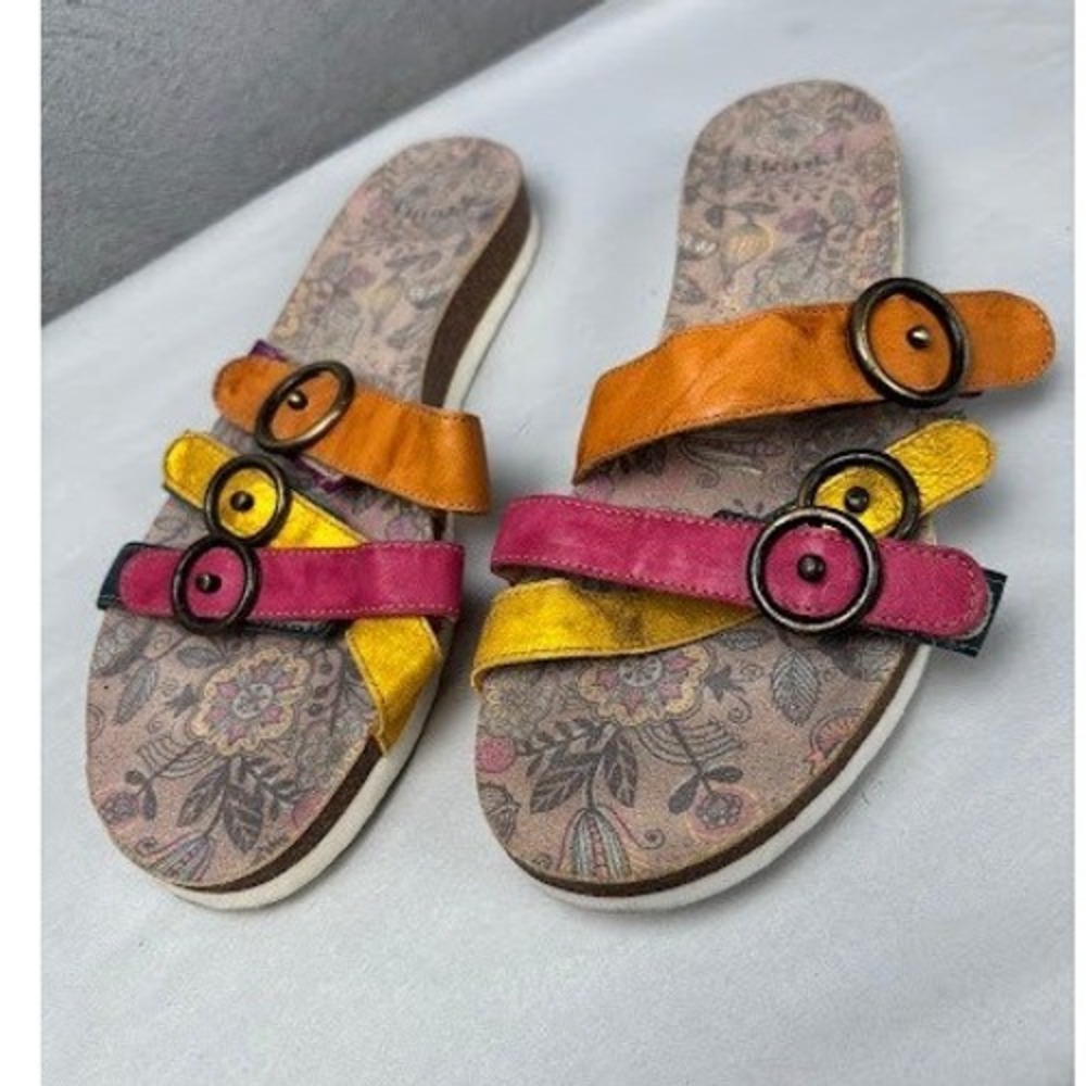 Think! Mizzi Multi Color Leather Triple Strap Slide Sandals Floral Footbed 41